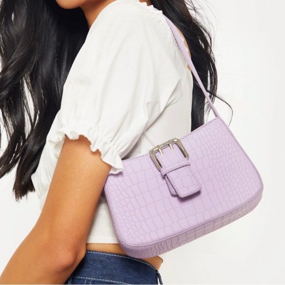 PrettyLittleThing Handbags - PrettyLittleThing Lilac Croc Buckle Front Shoulder Bag | Purple Purse